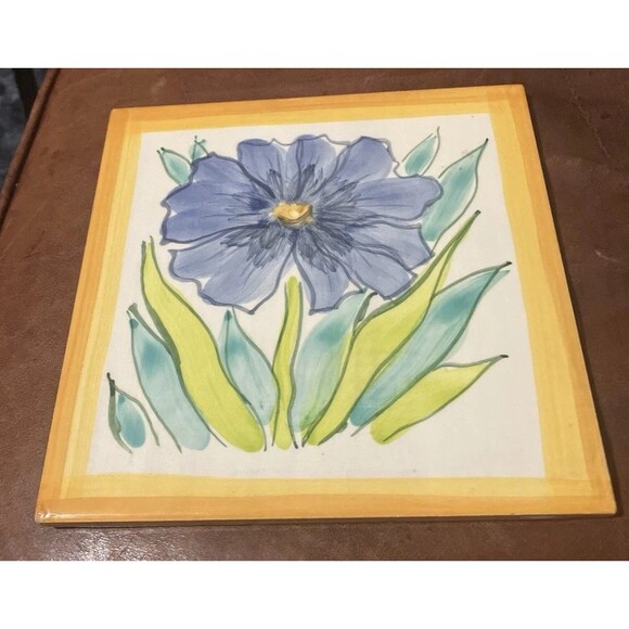 Italian Hand  Painted tile/trivet Made in Italy Vitage Blue Green Flower glazed - Picture 6 of 16